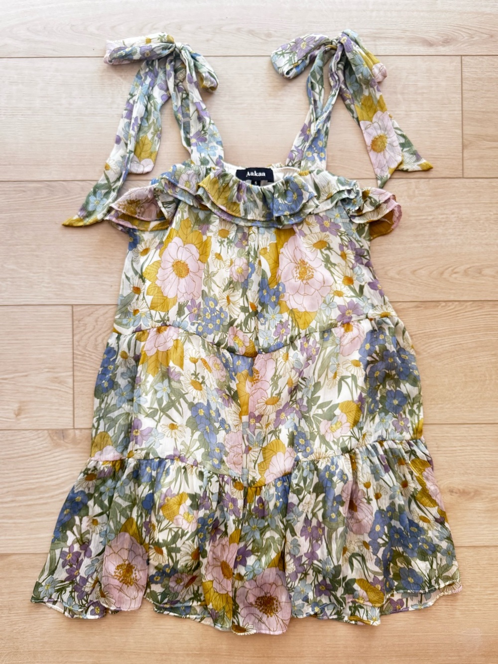Aakaa Tie Shoulder Tiered Shift Dress Floral Print Size S
